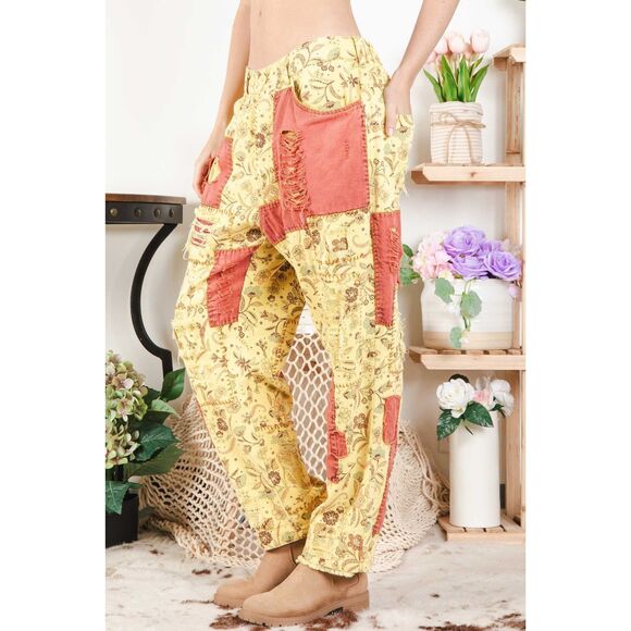 Mined Out Patchwork Floral Print Distressed Pants - Picture 1 of 3